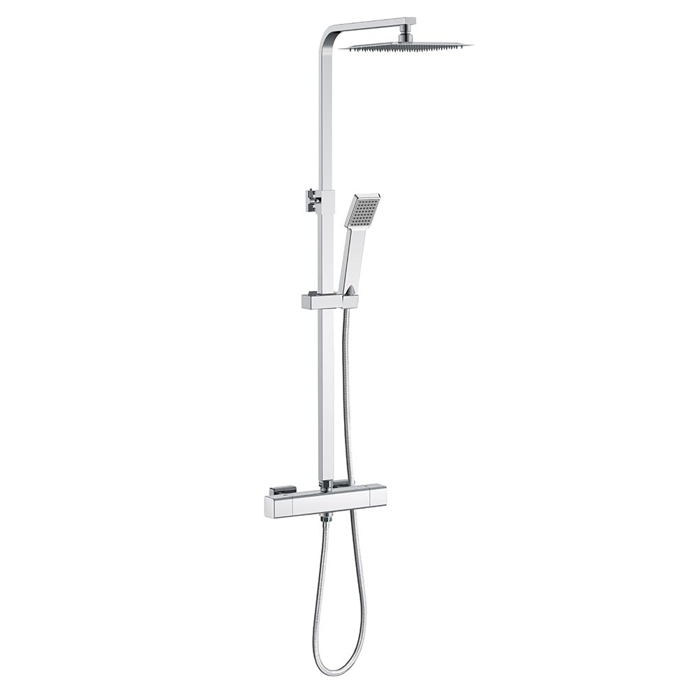 Acezanble Chrome- Type 1 Thermostatic Shower Mixer Set Chrome, Square 38 °C Thermostat Shower System With Rainfall Shower Head, Handheld Shower, Anti Scald Shower Mixer Bar Kit, Adjustable Height
