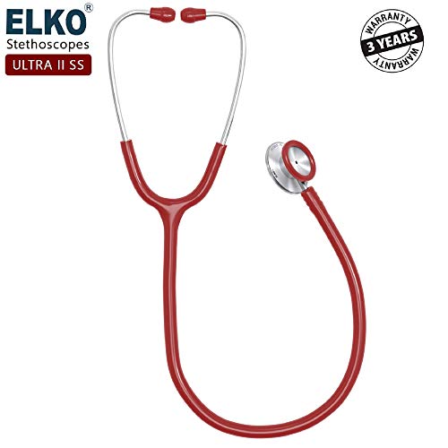 Image of ELKO EL-140 ULTRA II SS Stainless Steel Acoustic Stethoscope | For Doctors, Medical Students & Healthcare Professionals | Dual Head Chestpiece | 5.5mm Brass Pipe Frame | U-Shaped PVC Tubing (Red)