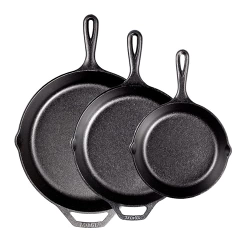 Image of Lodge Seasoned Cast Iron Skillet Set - PFAS-Free, Non-Toxic Cookware - Use with an Oven, Stove, Grill, or Campfire - Naturally Non-Stick & Oven Safe - 8, 10.25 & 12 Inches