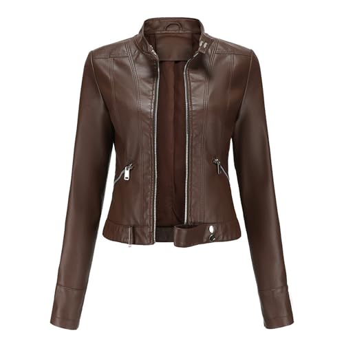 Silunma2021 Chaquetas cortas finas de color sólido para mujer, con cremallera, manga larga, abrigos de cuero, casual, vintage, cómoda, ropa exterior (color café, 3XL)