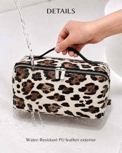 Image of EACHY Travel Makeup Bag, Large Capacity Cosmetic Bag for Women, Waterproof PU Leather, Flat Open Portable Toiletry Bag for Skincare, Brushes & Travel Essentials