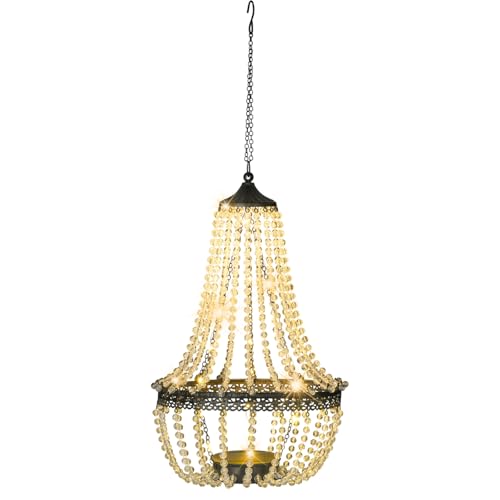 Hanging Solar Chandelier Outdoor, 30 Warm White Lights Acrylic Clear Beaded Chandelier with S Hooks Modern Lantern for Garden Yard Patio Gazebo Decorations, 28”H