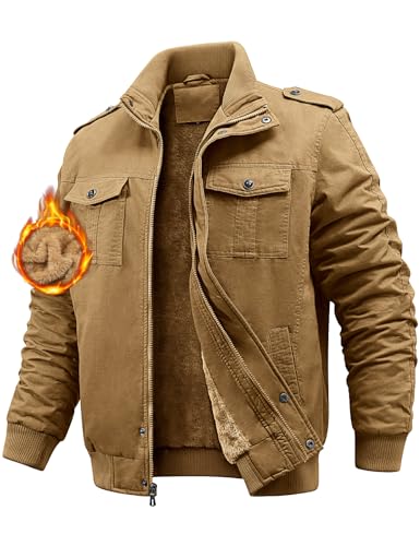Niwicee Chaqueta Hombre Invierno Militar Cazadora Jacket Forro de lana Chaquetas de Trabajo Con Múltiples Bolsillos Cortaviento Casual Cálida Chaqueta de Algodón (Caqui, XL)