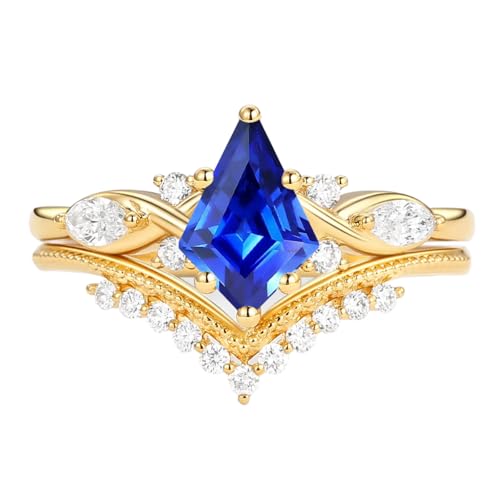 1.5ct/2ct Blue Saphire Wedding Ring Set for Women - Kite Cut Blue Saphire Bridal Sets Wedding Rings White Yellow Rose 10K 14K 18K Gold Sterling Silver Gem Art Deco Anniversary Promise Ring Set3