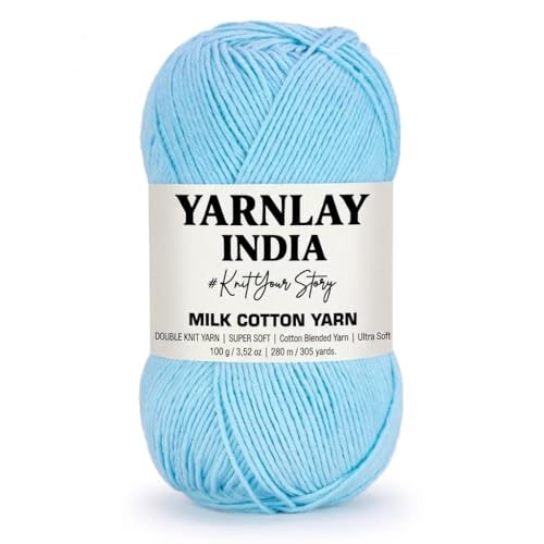 Image of Yarnlay 3 Ply Soft Milk Cotton Yarn for Crochet Knitting, Amigurumi, Punch Needle .DIY Crafts, Summer Wear,Flowers Toys & Cushion Covers 100g (250m) (Shade 19: Sky Blue)