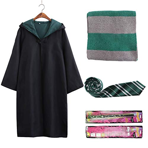 Amycute Costume de Magicien, Cosplay Costume de Sorcier, Magique Cape avec Cravate, écharpe et Baguette Unisexe Uniforme Collège Cape de Magicien Déguisement Costume pour Le Carnaval,Bal Costumé(155)