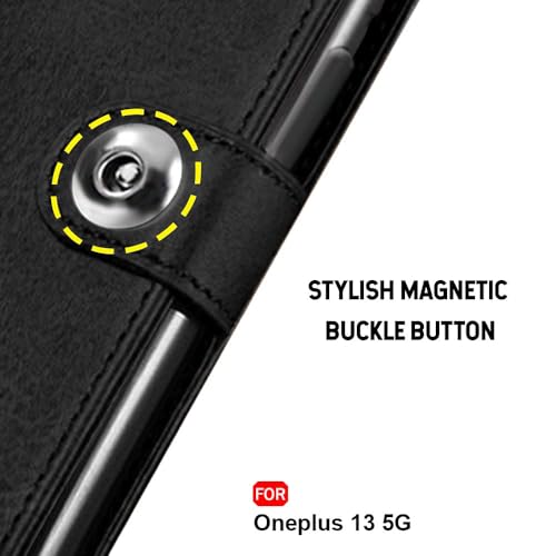 Image of TheGiftKart Flip Cover Back Case for OnePlus 13 5G | Genuine Leather Finish | Designer Button | Inbuilt Pockets & Stand | Wallet Style Flip Back Cover Case for OnePlus 13 5G (Faux Leather, Black)