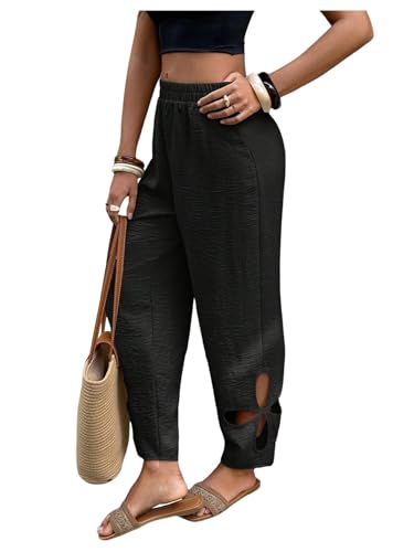 Floerns Women's Floral Cut Out Boho Pants Elastic Waist Vacation Casual Trousers