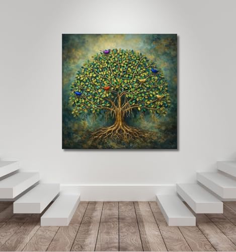 Image of Kunj Cart Kalpavriksha Tree Painting | 8+ DESIGNS | Kalpvriksh Tree Wall Painting | Lucky Tree Wall Art For Living Room, Bedroom and Office Decor | Canvas Painting for Wall Decoration (Design - F, 12x12 Inch, Framed)