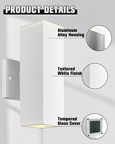 Image of Ken & Ricky Modern Outdoor Wall Light,Aluminum Rectangular,White,1 PK | 2 Lights Exterior Wall Light Fixtures,Waterproof Sconces,No glare,for House Porch Garage Patio Front Door Entryway