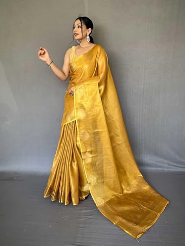 Image of SWORNOF Gold-Toned Woven Design Silk Zari Tissue Saree | Saree for Women | Soft and Skin Friendly