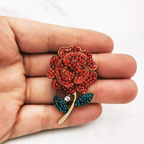 Image of YOQUCOL Elegant Cubic Zirconia Crystal Rhinestone Red Rose Shape Brooch Pin for Women Grils