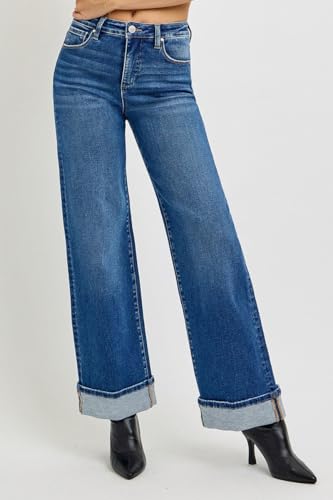 SALT TREE Risen Jeans - Tummy Control High Rise Cuffed Wide Jeans - PW210463