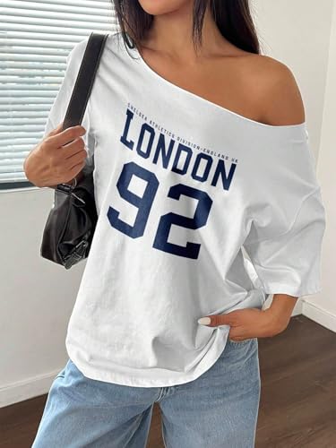 Image of SXV Oversized Off-Shoulder Loose London 92 Print Oblique Shoulder T-Shirt Graphic Tees