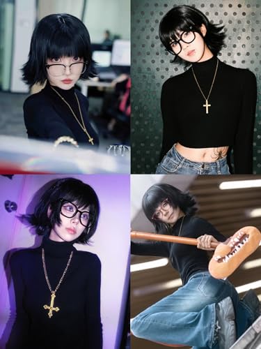 Image of Shi-zuku Cosplay Wig Short Black Anime Hunter-Killer Wigs with Bangs | 15'' Black Spiky Layered Wigs Synthetic Hair for Women Halloween Party Costumes