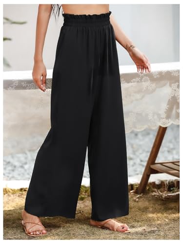 GORGLITTER Women's Wide Leg Pants High Waisted Frill Trim Loose Trousers Bottoms Palazzo Pants Trendy Casual4
