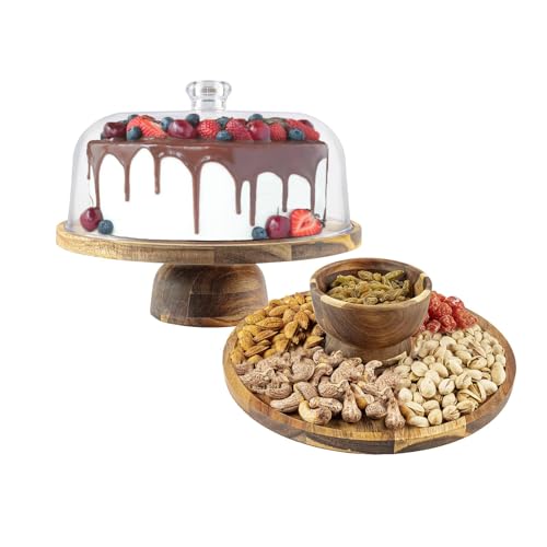 Wooden Cake Stand with Lid - 12in Cake Stand with Dome, Round 2-in-1 Dessert Table Display Set - Perfect for Parties, Weddings, Versatile Cake Plate with Acrylic Cake Dome Cover