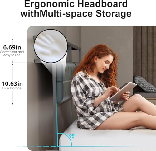 Image of J.Fkne Full Bed Frame with LED Lights & Charging Station, Metal Platform Bed Frame with 2 Tier Storage Headboard, Under Bed Storage, No Box Spring Needed, Noise Free, Easy Assembly