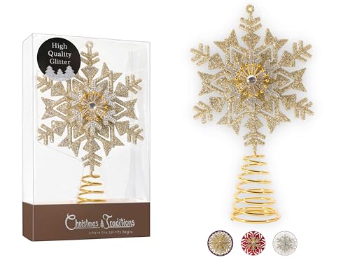 Christmas Traditions 5 inch Champagne Gold Glittered Diamond Center Christmas Star Snowflake Tree Topper Star for SmallMini XMas TreeHome DecorTableShelf Ornaments Champagne Gold