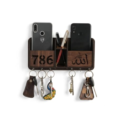 Image of CAPIO ART Wooden Key Holders for Home Wall Stylish | Wooden Wall Mounted Decorative Key Chain Hanger with 6 Hooks, 2 Mobile & 1 Pen Holder Storage for Home & Office | Multipurpose Organiser | Brown