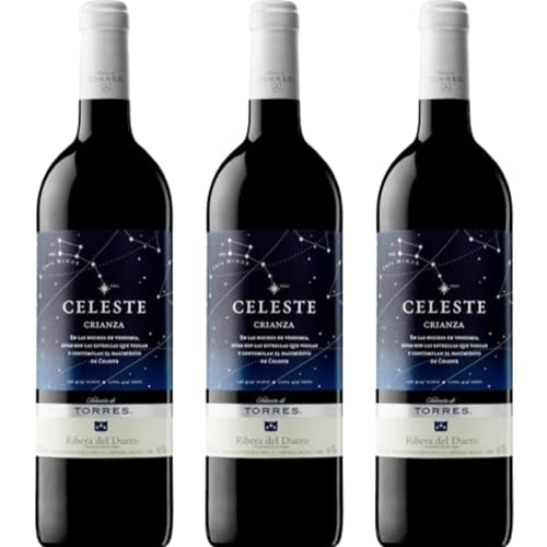 Celeste Crianza, vino tinto español con crianza, elaborado con Tinta Fina, sabores intensos, equilibrio perfecto y carácter propio de la Ribera del Duero.| 3 botellas