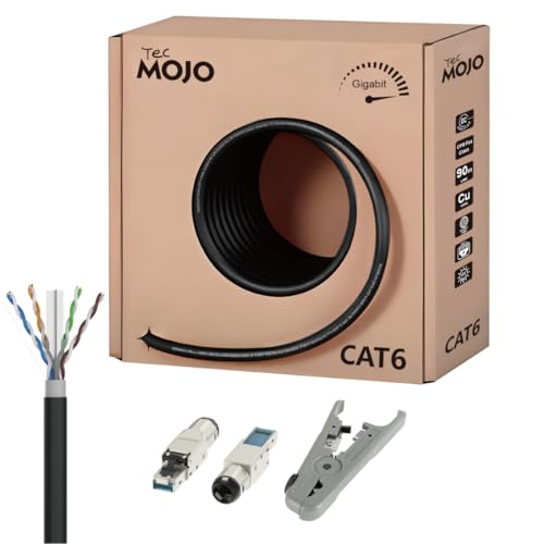 Tecmojo CAT6 UTP Outdoor 30M Gigabit LAN Ethernet Network Bulk Cable Pure Copper 23AWG PVC+PE Dual Jacket CPR Fca UV Resist Direct Bury Black with Cutting Stripping Tool and RJ45 Field Connectors