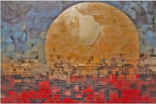Papier peint panoramique lune dorée art collage pour mur TV - 5