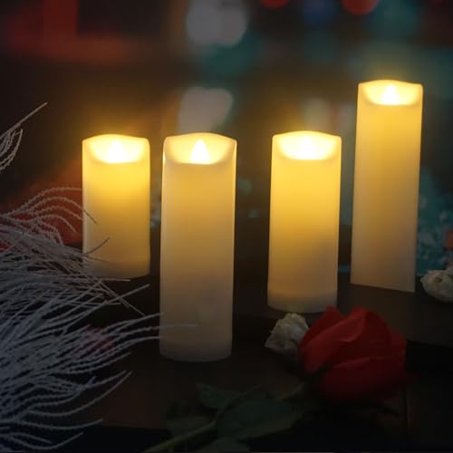 Image of CANDLE CHOICE Waterproof Outdoor Battery Operated Flameless Candles with Auto Timer Flickering Plastic Resin Electric LED Slim Pillar Lights for Lantern Patio Garden Wedding Party Decorations 4 Pack