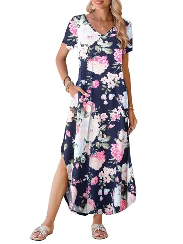 Image of BELAROI Plus Size Maxi Dress for Women Summer Casual V Neck Short Sleeve Long Dress with Pockets Beach Vacation Cover Up