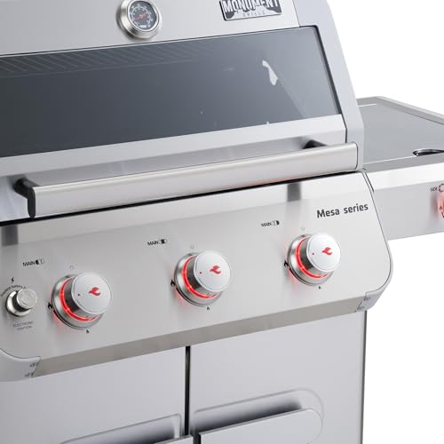 Image of Monument Grills Outdoor Barbecue Stainless Steel 3 Burner Propane Gas Grill, 48,000 BTU Patio Garden Grill with Side Burner and Knob Controls, Mesa305 with Smoker Box