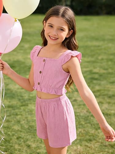 Image of Girl's Summer Clothing Sets Knit Ruffle Striped T-Shirt and Shorts 2 Piece Outfits