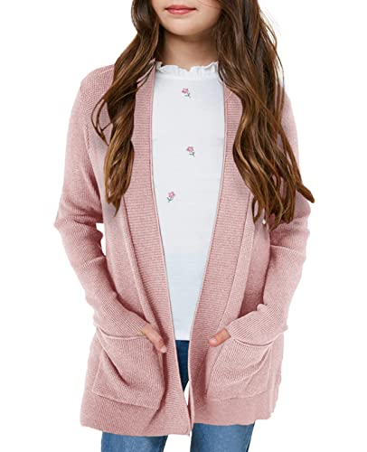 Girls Long Sleeve Casual Cardigan Kids Open Front Soft Knit Oversized Sweater with Pockets