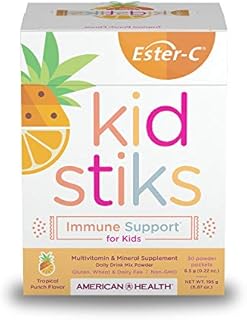 American Health Ester-C Kid Stiks Powder Packets, Tropical Punch - Non-GMO, Gluten-Free, Vegetarian Vegan, Non-Acidic Vitamin C 250 mg, 6.87 Oz, 30 Count