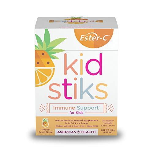 American Health Ester-C Kid Stiks Powder Packets, Tropical Punch - Non-GMO, Gluten-Free, Vegetarian Vegan, Non-Acidic Vitamin C 250 mg, 6.87 Oz, 30 Count