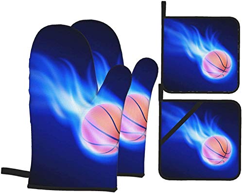 Guanti da forno e presine Set di 4 guanti da forno resistenti al calore con pallina da basket blu fuoco per cucinare grigliate