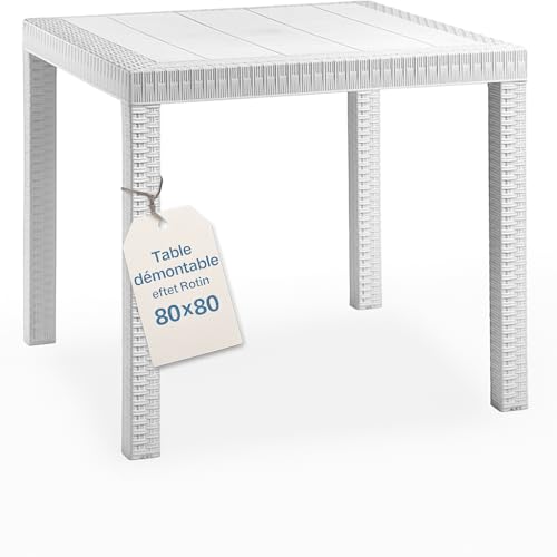 Tomaino - Table de jardin en plastique carrée 80x80 - Petite table pour l'extérieur 4 places effet rotin pour la maison, le bar et le restaurant avec trou...