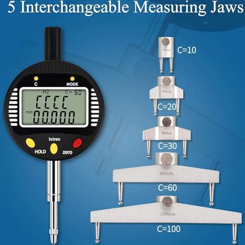 Cyfrowy miernik promienia – narzędzie pomiarowe o wysokiej dokładności z wymiennymi zaczepami do wewnętrznego i zewnętrznego promienia łuku, idealne do części mechanicznych i form drewnianych