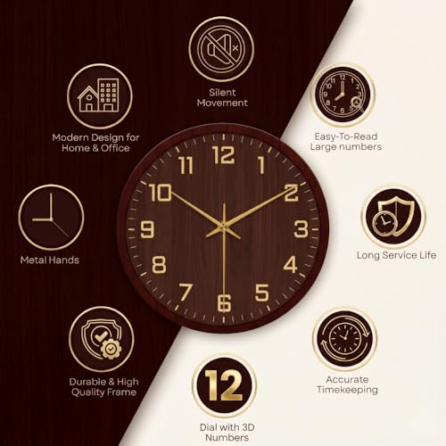 Image of STAR WORK Silent Non-Ticking Wall Clock 12 inch Inch Analog Clock & LCD Display | Calendar Date, Day, Temperature, Operated Decorative Clock for Living Room, Kitchen, Bedroom,Office (Wooden Gold)