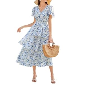 GRACE KARIN 2024 Damen Sommer V-Ausschnitt Kurzarm Blumenkleid Casual Strand Maxi Kleid Elegant A-Linie Freizeitkleid Urlaubskleid Hochzeit