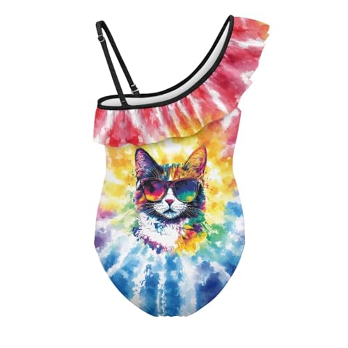 Jeiento Girls One Piece Swimsuit Cartoon Cat Swimwear Ruffled One Shoulder Bathing Suit for Kids Toddler Girl Beachwear2