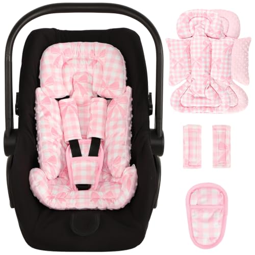 Image of DILIMI Infant Car Seat Insert, Baby Car Seat Head Support with 3 Strap Paddings, Soft Newborn Car Seat Cushion for Stroller, Swing, Bouncers, Pink Bow Plaid