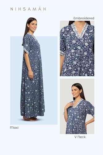 Image of NIHSAMAH Cotton Nighty for Women - Embroidered & Printed Stylish Night Gown, Comfortable Sleepwear Long Nightwear, Maxi