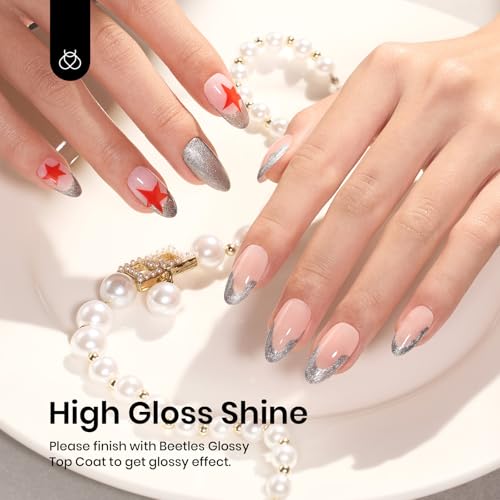 Image of Beetles Silver Gel Nail Polish Glitter Gel Polish Shell Swirl Thread Drawing Effect Mermaid Shimmer Soak Off UV LED 15ml Gifts for Women Silver Dance Floor