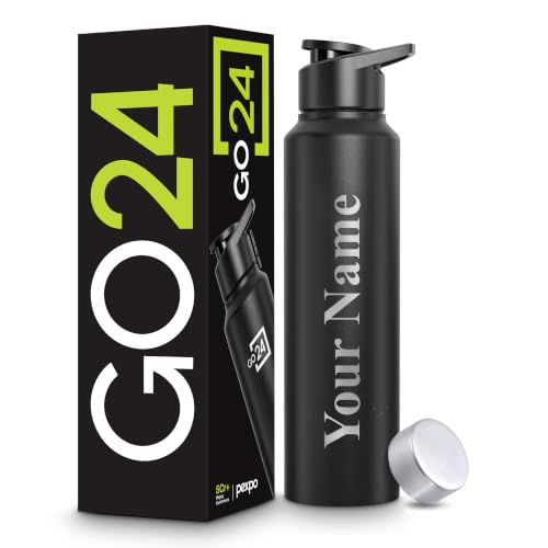 Image of Go24 pexpo Water Bottle 1 ltr Stainless Steel Sports /Fridge Bottle with Dual Cap Customize | Single Wall | For Home, Office, Gym, Travelling | Lightweight | BPA Free | Chromo 950ml |Knight Black
