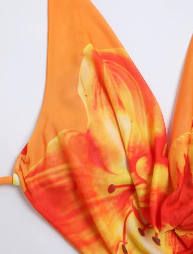 Image of ZAFUL Women's 3 Piece Floral Swimsuit Draped Neck Halter Bikini Tie Side Bathing Suit with Sheer Cover Up Skirt