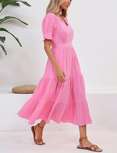Image of YEXPINE Women's Cotton Tiered Midi Dress Short Sleeve V Neck Elastic Waist Casual Long Flowy Summer Dress