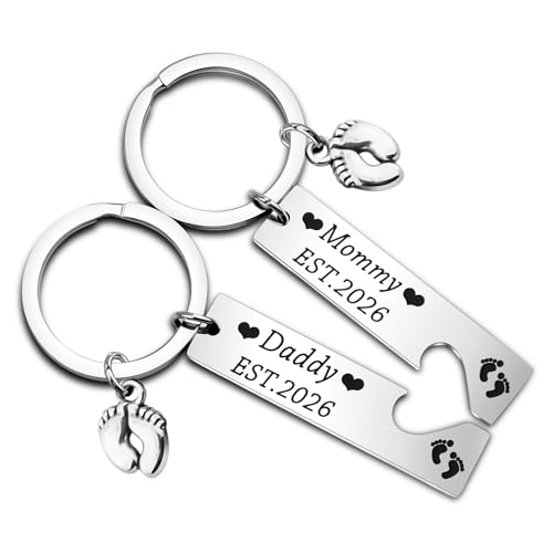 Daddy and Mommy Est 2026 Keychain Set Pregnancy Announcement Gifts