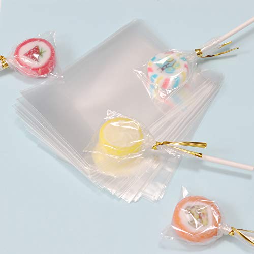 Akingshop 300Pcs Lollipop Sticks & Cellophane Treat Bags & Twist Ties, Opp Bags Candy Ties Paper Sticks Kit Set For Candy Cake Pop Chocolate Cookie Wrapping Buffet Party Favors (Gold) #TOP2