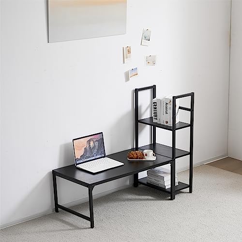 SCHGKOY ロータイプデスク パソコンデスク 実用な一体分離両用 溢れる天然木の魅力 省スペース 3段シェルフ付 座デスク ミシン台 (ダークブラウン)