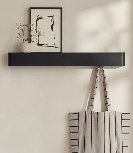 Kazai. Coat Rack Wall Mount with Shelf ‘Tone’ | Modern Design Coat Hanger with Hidden Hooks and Storage | Hat Rack with Shelf in Metal | Wall-Mounted Purse Organizer | Black